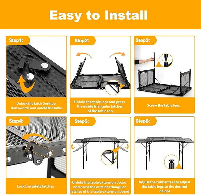 Grill Table Folding Table with 2 Wing Panels 3FT+1.4 FT with Mesh Desktop 2 Height Adjustable Portable Grill for Outdoor Indoor Beach BBQ Picnic Travel RV Black