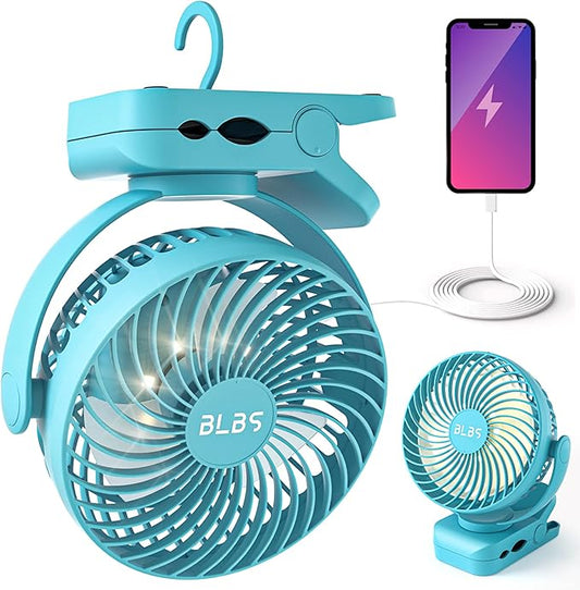 Clip on Fan 65Hrs Camping Fan with LED Light, 12000mAh Battery Operated Fans & PortableFan Rechargeable, Small Desk Fans USB TravelFan for Tent Camping Golf Stroller, Blue