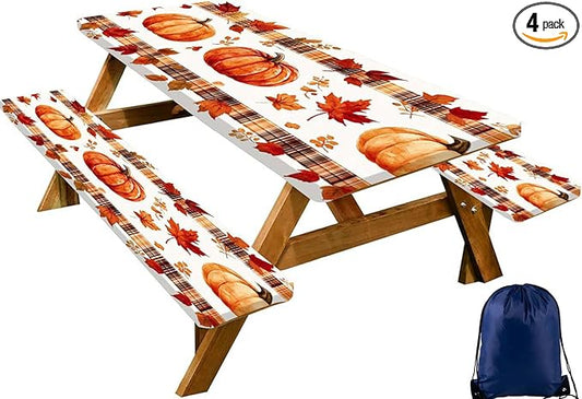 CAPSCEOLL Elastic Picnic Table Cover with Bench Covers 5Ft Waterproof Fitted Picnic Table Cover Cloths for Outdoors Camping Tablecloth with Drawstring Bag, 60X30in, Pumpkins Leaf