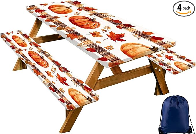 CAPSCEOLL Fitted Picnic Table Cover with Bench Covers with Elastic 6Ft Waterproof Camping Picnic Table Cover Cloths for Outdoors Camping Tablecloth with Drawstring Bag, 72X30in, Pumpkins Leaf