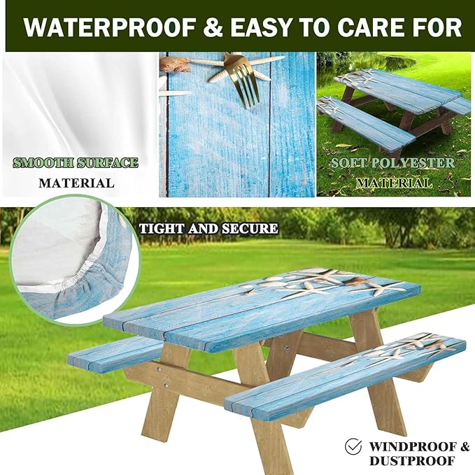 CAPSCEOLL Elastic Picnic Table Cover with Bench Covers 5Ft Waterproof Fitted Picnic Table Cover Cloths for Outdoors Camping Tablecloth with Drawstring Bag, 60X30in, Summer Blue Wood