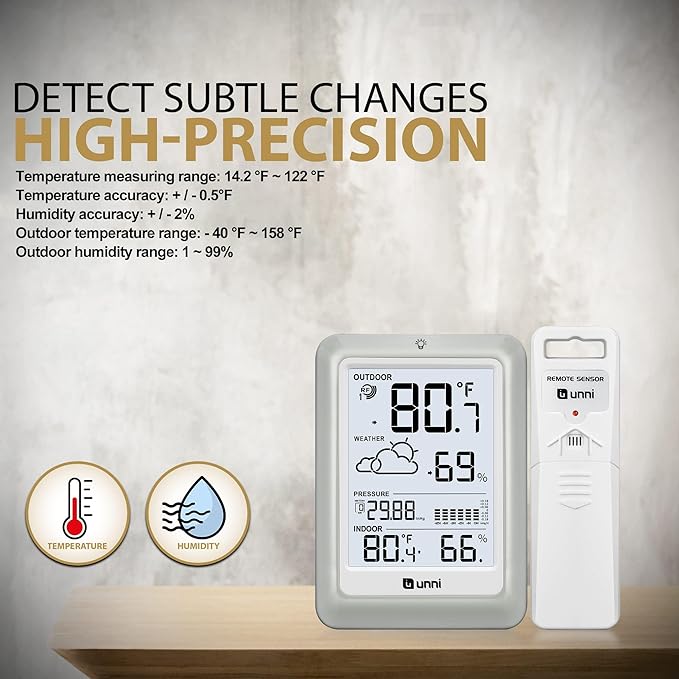 Wireless Weather Stations, with 330ft Range Sensor and Adjustable Backlight Inside Outside Monitor (White)