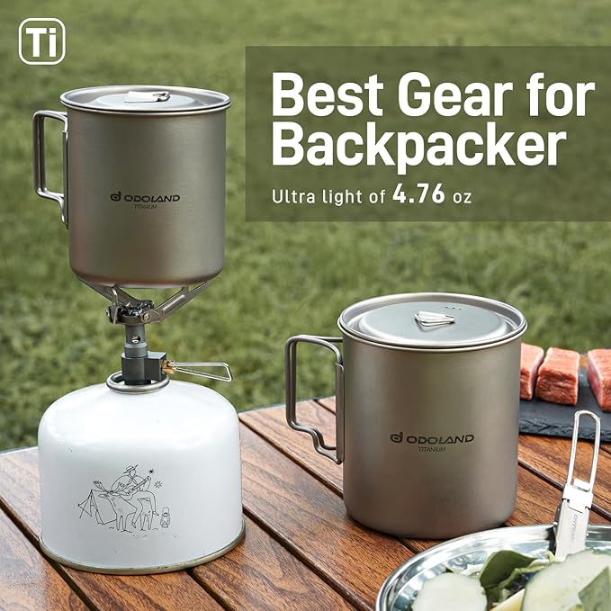 Odoland Titanium Camping Cookware 420ML Titanium Pot with Lid and Spork Lightweight Camping Pot for Backpacking Hiking Traveling and Picnic