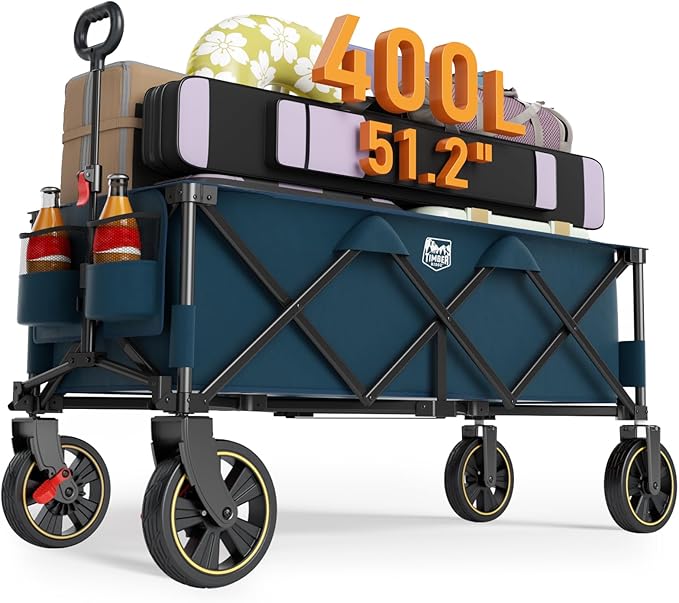 TIMBER RIDGE 51.2'' Extended Collapsible Wagon Cart with Brakes and Cargo Net, 350LBS Heavy Duty Foldable Utility Wagon with Adjustable Handle, 400L Capacity Portable Cart for Camping Sports Shopping