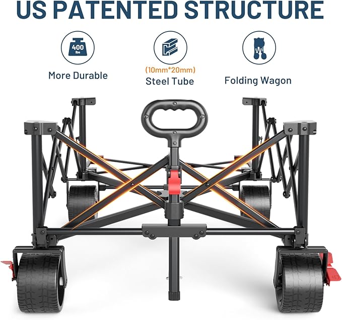 TIMBER RIDGE 600L Beast Wagon 26" W Extra Wide All Terrain Folding w/Big Wheels, Cargo Net & Tailgate, 26" W and 55" L, Capacity and 400lbs Heavy Duty Collapsible Portable Cart, Blue