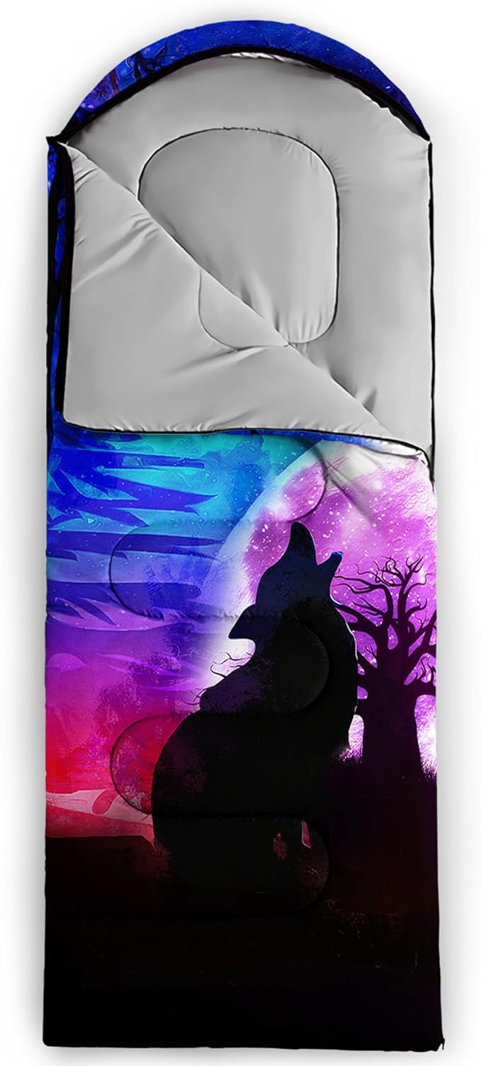 Galaxy Wolf Camping Sleeping Bags Warm & Cool Weather Waterproof Backpacking Blue Purple Starry Sky Sleeping Bag All Seasons Camping, for Adult Kids Boy Girls Camping Gear Equipment, Traveling
