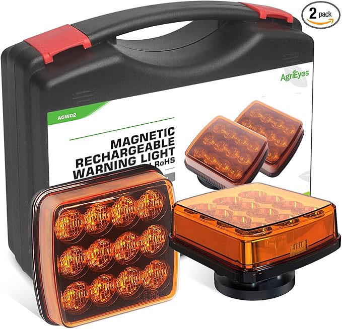 Agrieyes 2Pcs Rechargeable Flashing Lights for Vehicles, Super Magnetic Strobe Hazard Lights, Wireless Portable Amber Led Warning Beacon Emergency Light for Trucks Bus Tractor Oversize Trailer