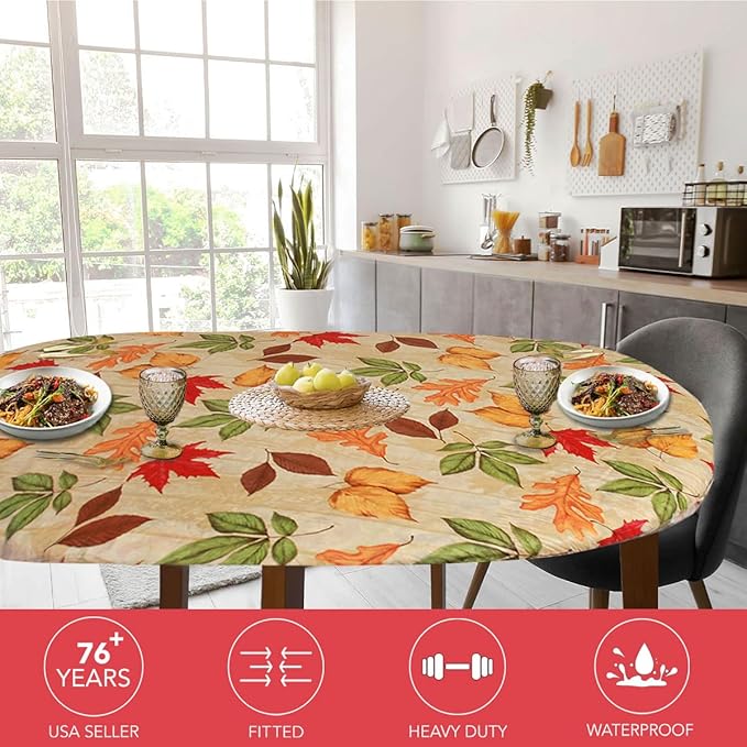 LAMINET Elastic Fitted Table Cover - All-Over Leaves - Oblong/Oval - Fits Tables up to 48 x 68”