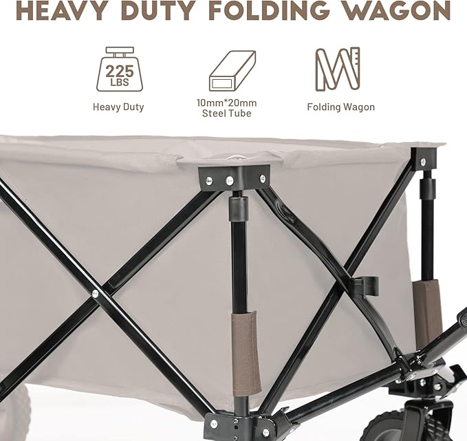 TIMBER RIDGE Collapsible Outdoor Folding Wagon Cart Heavy Duty Camping Patio Shopping Garden Cart with Side Bag Cup Holder, Tan
