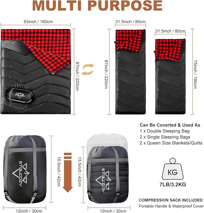 Double Sleeping Bag for Adults Kids, XL Queen Size 2 Person All Season for Warm & Cold Weather, Lightweight Compact with Compression Sack Camping Essentials for Backpacking Hiking