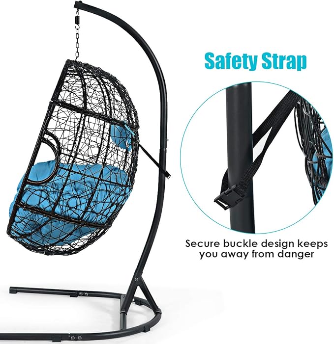 Giantex Hanging Egg Chair, 36.5-Width Oversized Swing Chair with C-Hammock Stand Set, Hammock Chair with Soft Seat Cushion & Pillow, Multifunctional Hanging Chairs for Outdoor Indoor Bedroom (Blue)