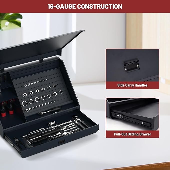 Portable Weather-Resistant Triangle Steel Toolbox with Lock, 16-Gauge Multi-Tier SAE & Metric Chest, Pull-Out Drawer for Truck, 36.8"W x 17.5"D x 21.6"H