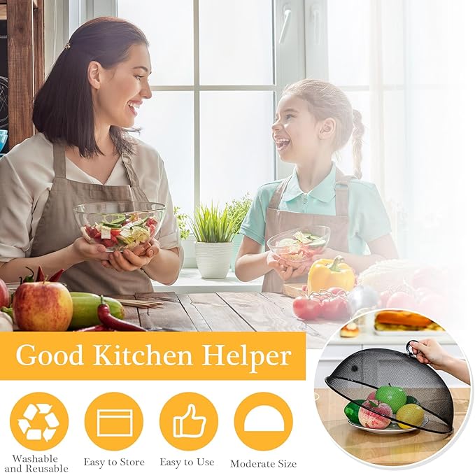 Gerrii 6 Pcs Metal Mesh Food Cover Outdoor Mesh Food Tents Dome Screen Plate Covers for Dinner Plates Reusable Fruit Fly Nets Picnic Food Umbrella for Table, BBQ, Camping, Party (Black,14 Inch)