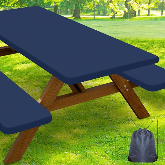 Smiry Picnic Table Cover with Bench Covers, Waterproof Elastic Fitted Polyester Tablecloths for 6 Ft Rectangle Tables, Washable Windproof Tablecloth for Camping, RV & Outdoor (Navy, 30x72 Inches)