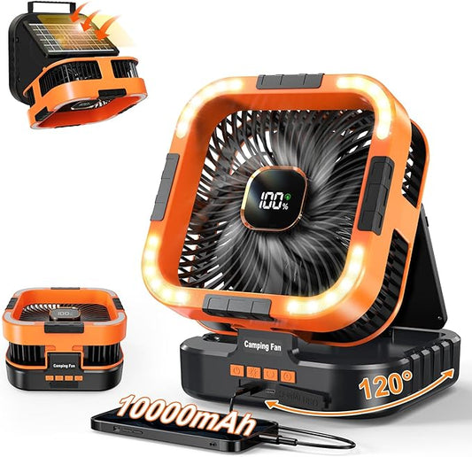 Portable Camping Fan with Solar Panel, 10000mAh Solar Powered fan, 6 Speed Levels, 120° Oscillation, 3 Light Modes, 6H Timer, Handle, Foldable Rechargeable Outdoor Fan for Tent, Hiking, Beach