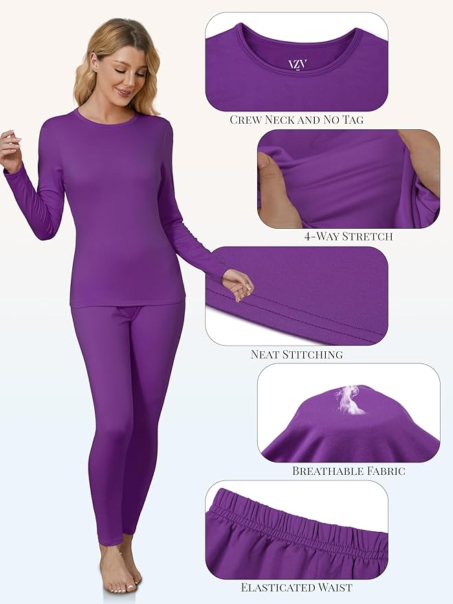 VZV Thermal Underwear for Women, Long Johns for Women Thermal Sets Fleece Lined Base Layer Top and Bottom Set