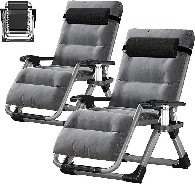 ABORON 2 Pack Zero Gravity Chair, Outdoor Lounge Chairs Sun Loungers with Removable Cushion,Headrest,Cup Holder,Reclining Patio Lounger Chair for Indoor and Outdoor