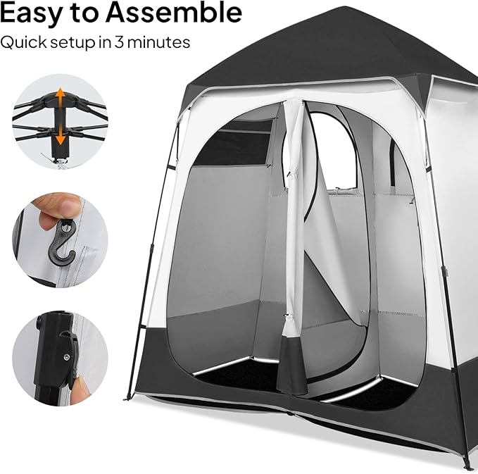 VINGLI 2 Room Shower Tent, 7.5 FT Instant Pop Up Shelter with Carrying Bag, Privacy Changing Room Tent,Perfect for Portable Toilet, Camping, Dressing, Outdoor Indoor, Easy Set Up