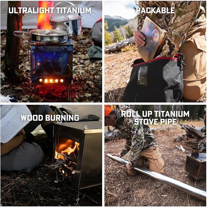 Seek Outside Titanium Wood Stove for Backpacking Camping Hunting | Large Standard Stove With 7.5' Pipe