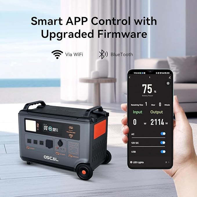 Generator OSCAL PowerMax 3600 – 3000W Solar Power Station (3600Wh), 4 AC Outlets up to 6000W Peak, 1.2H Rapid Charging, App Monitoring, Reliable Battery Backup for Home, Camping & Travel