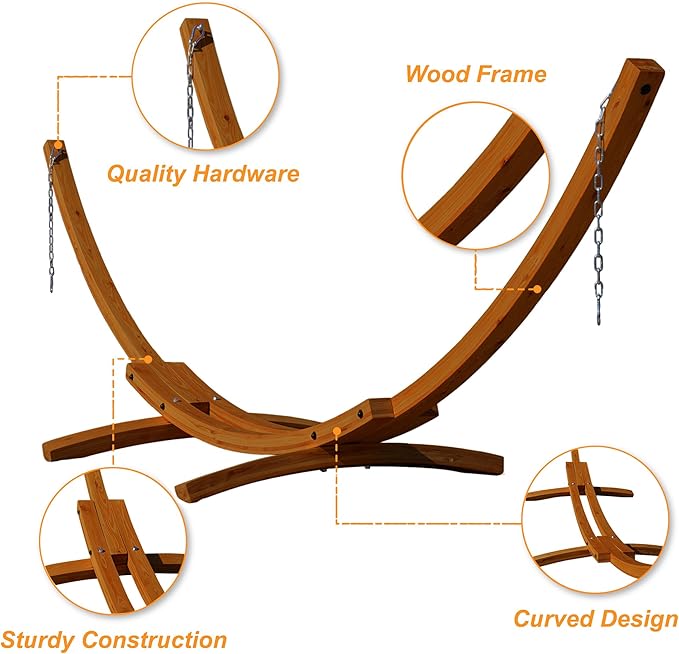 Lazy Daze Hammocks 12 FT Double Quilted Fabric Hammock and 13 FT Brown Wooden Arc Stand, with Spreader Bar, Removable Pillow, 2 Person Hammock for Outdoor Patio Poolside, 450 lb Capacity, Dark Gray