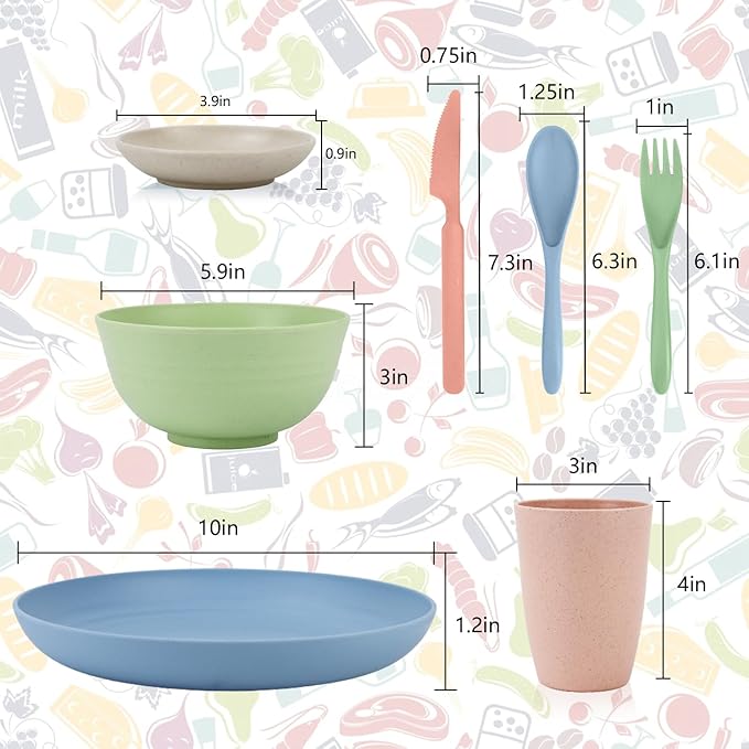 wheat straw bowls,plates,cups and cutlery sets 28 pcs - Unbreakable Dishwasher Safe dinnerware sets service for 4 - Ideal dish sets for kitchen, camping, indoors and out doors.Nordic