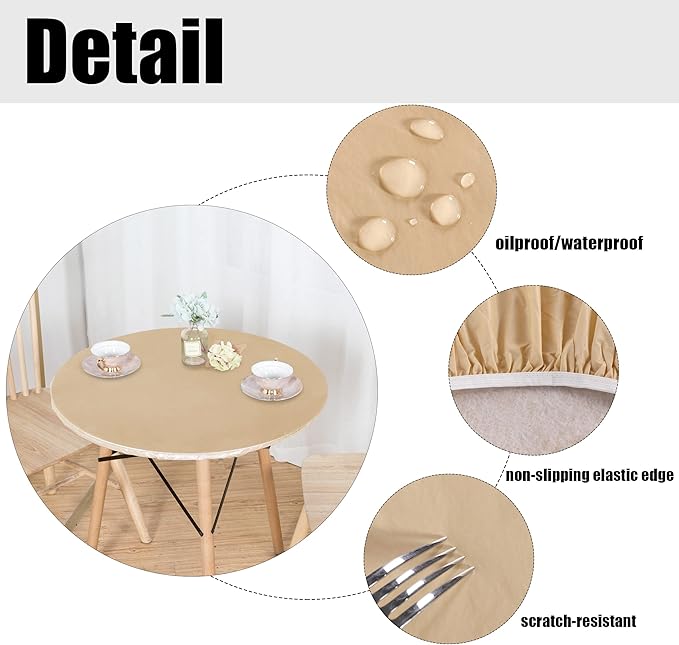 LUSHVIDA Round Waterproof Table Cover Elastic Vinyl Fitted Tablecloth Elastic Edged Plastic Table Cloth (Champagne, Best for Up to 36"-44" Round)