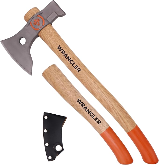 Wrangler Tools - Titanium Camping Axe - 18" & 11.5" Wood Hickory Handles - Tomahawk Axe Hammer End - 2-Piece Slip-Fit Design - Includes Blade Sheath and 2 Handles - Survival Axe