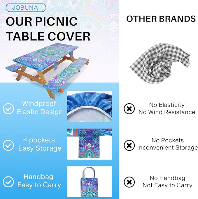 Picnic Table Cover with Bench Covers Fitted Waterproof Camping Tablecloth with Elastic for 6 Foot Rectangle Tables Outdoor Travel Rv Essentials Summer Vacation Accessories Gifts for Men Women