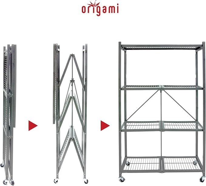 Origami R5 4-Shelf Heavy-Duty Folding Storage Rack, Pewter - Large Foldable Metal Shelving Unit with Wheels for Garage, Pantry, Basement, Laundry Room or Warehouse