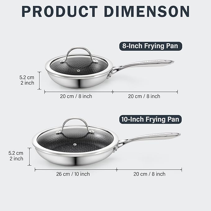 Cooks Standard Hybrid Nonstick Frying Pan Set, 8 and 10-Inch Multi-Ply Clad Stainless Steel 2 Piece Skillet with Tempered Glass Lids, Oven Safe, Compatible with All Stovetops