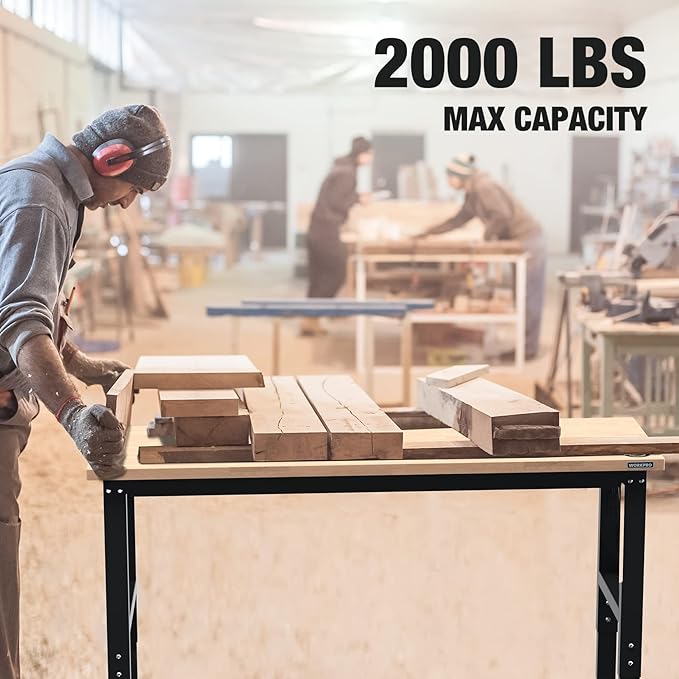 WORKPRO 60" Adjustable Workbench, Rubber Wood Top Heavy-Duty Workstation, 2000 LBS Load Capacity Hardwood Worktable with Power Outlets, for Workshop, Garage