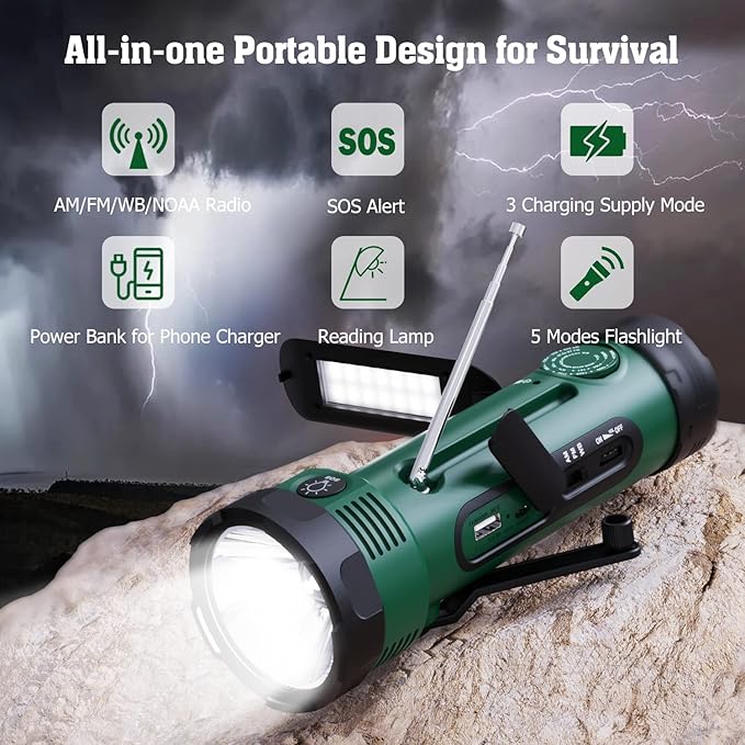 PPLEE Solar Hand Crank NOAA/AM/FM Weather Radio with 5 LED Flashlight, Reading Lamp & USB Phone Charger - Portable Emergency Radio for Camping, Power Outages, Battery Powered Radio