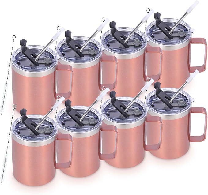 Volhoply 12oz Insulated Leakproof Coffee Mug with Flip & Straw Lid Bulk 8 Pack,Double Wall Vacuum Stainless Steel Travel Tumbler Cup with Handle,Reusable Camping Mugs Keep Cold/Hot(Rose Gold,8 Set)