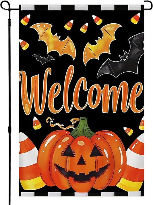 Welcome Halloween Garden Flag 12X18 Inch Double Side,Pumpkin Jack O Lantern Yard flag,Bat Outside Small Garden Flag Decorative,Outdoor Flag for Holiday Patio Courtyard Lawn