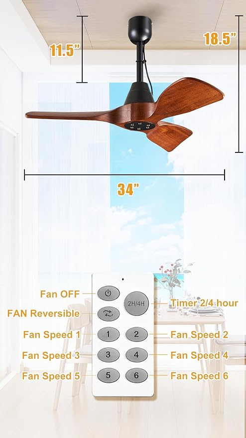 3 Blades Wood Outdoor Ceiling Fan for Patios, Farmhouse Rustic Ceiling Fans, 34" Plug-in Wet Rated Outdoor Gazebo Fan for Exterior House Porch Patio, Waterproof,F248