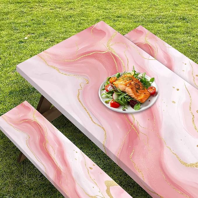 CAPSCEOLL Elastic Picnic Table Cover with Bench Covers 5Ft Waterproof Fitted Picnic Table Cover Cloths for Outdoors Camping Tablecloth with Drawstring Bag, 60X30in, Pink Marble