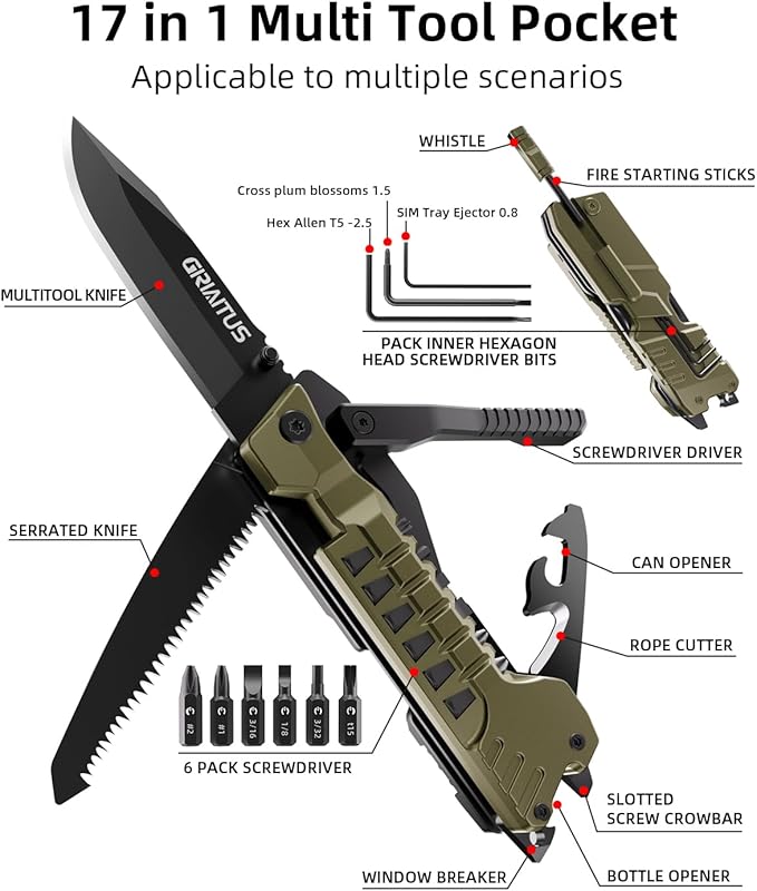Multitool Knife, 17 in 1 Pocket Knife with Screwdriver, Fire Starter Sticks, Bottle Opener, Saw, Whistle, Nylon Sheath, EDC Gear for Survival, Camping, Hiking, Outdoor, Gifts for Dad - Desert Gray