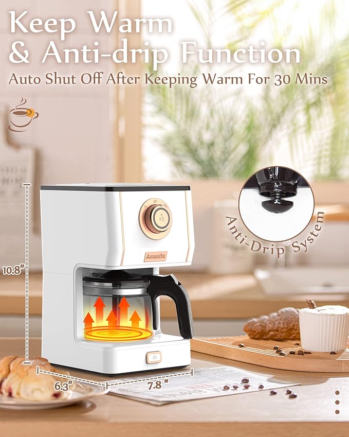 Amaste Retro Style Coffee Machine with 25 Oz Glass Coffee Pot, Reusable Coffee Filter & Three Brewing Modes, 30minute-warm-keeping, Elegant White with Rose Gold