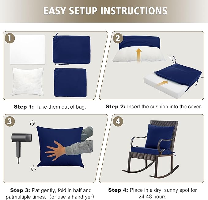 Outdoor Chair Cushions, Waterproof Outdoor Cushions for Patio Furniture w/Fade-Resistant, Removable & Machine-Washable Covers, 19x19 Inch, Ideal for Seat in Gardens/Porch – Set of 1/2/4, Navy Blue