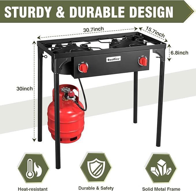 BESTFIRE 2 Burner Camping Stove,150,000 BTU High Pressure Outdoor Propane,4ft 20 PSI Adjustable Regulator Hose With Removable Legs for Backyard Cooking Camping Home