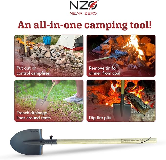 Near Zero Titanium Survival Shovel - Compact, Lightweight, & Collapsible Tactical Tool, Ideal for Backpacking, Camping, & Hiking, Sharpened Edge for Chopping Wood, Doubles as Frying Pan