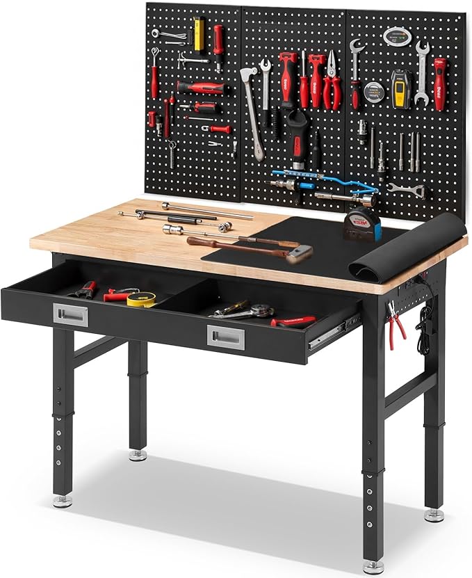 Workbench for Garage with Drawers 48 x 24 Inch Rubberwood Tabletop Work Table with Pegboard, Power Outlets Adjustable Height Work Bench for Woodworking Shop, Home, Office