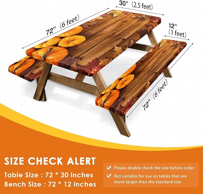 Picnic Table Cover with Bench Covers Elastic Edges, Pumpkin Fall Fitted Table Cover, Outdoor Patio Camping Essentials 72 Inch 3PCS, Waterproof Camping Fitted Tablecloth with Drawstring Bag