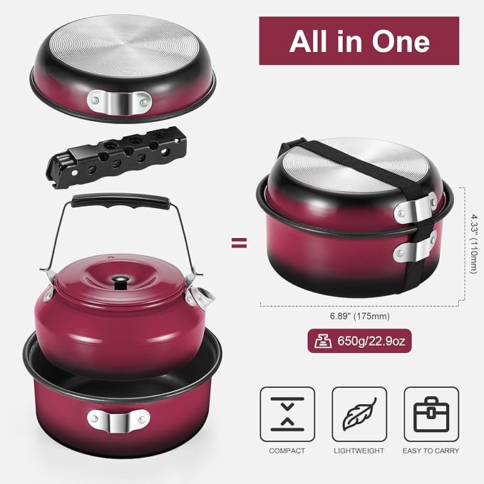 Odoland 5pcs Camping Cookware Non-Stick Camping Pot and Pan Set with Kettle and Removable Handle for Hiking Backpacking and Picnic