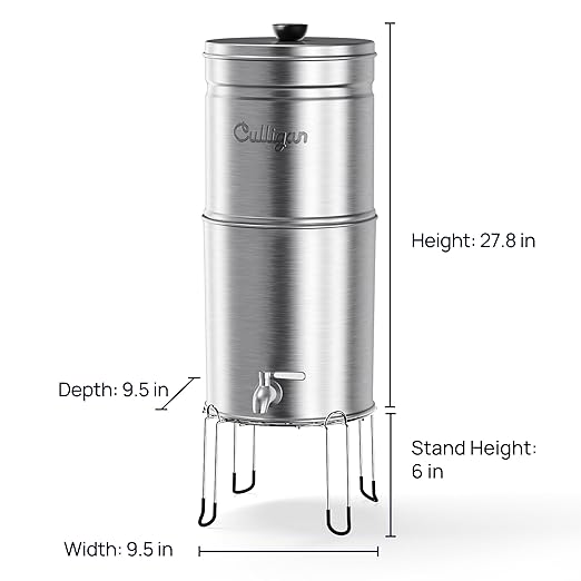 Culligan with MaxClear Technology 3 Gallon Gravity Water Filter System, Brushed Countertop Ceramic Water Filter NSF/ANSI Certified to Reduce Lead, Microplastics & Total PFAS, with 1 Filter