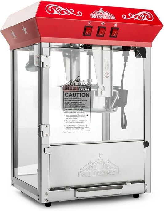 Olde Midway Bar Style Popcorn Machine Maker Popper with 8-Ounce Kettle - Red