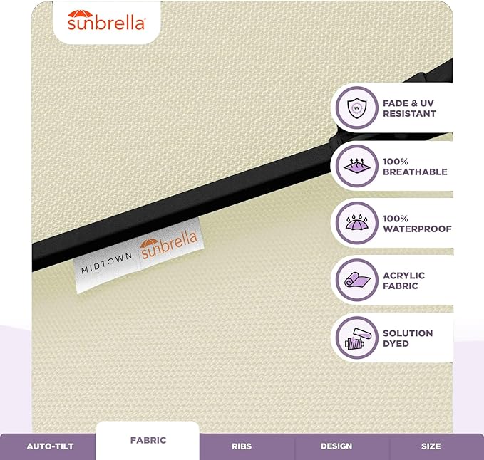 Midtown Umbrellas Sunbrella Umbrella 9 Feet Outdoor Umbrella With Canvas Natural Acrylic Fabric - Auto-Tilt Aluminum Frame Patio Umbrella For Backyard, Deck, Garden, Pool - Black Pole