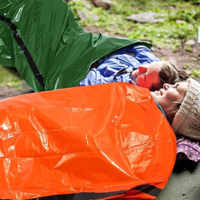 Qunclay 12 Set Emergency Sleeping Bag Survival Bivvy Sack Blanket with Whistles Lightweight Portable Thermal Survival Bag Thick Tent with Hood Extension Nylon Stuff Sack