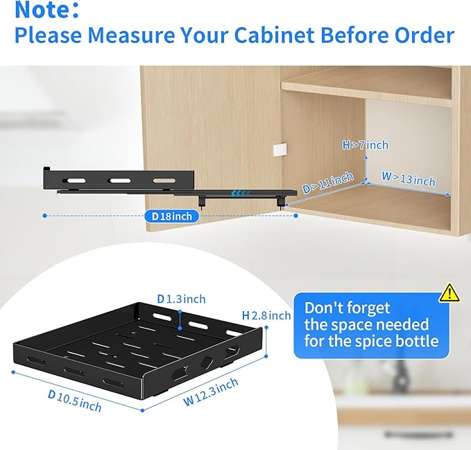 Pull Out Spice Rack Organizer for Cabinet, 1 Tier Heavy Duty Spice Rack, Vertical Spice Rack for Kitchen Cabinet and Pantry (12.6''Wx10.5''Dx2.8''H, Metal Black)